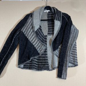 CAbi Patchwork Cardigan Sz M Black/Gray Open‎ Front Collared Wool Blend